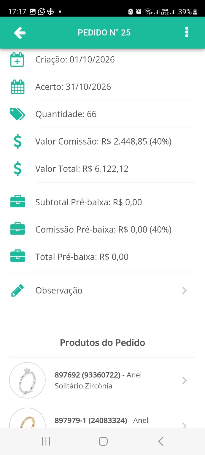 Tela real do aplicativo de gestão de vendas