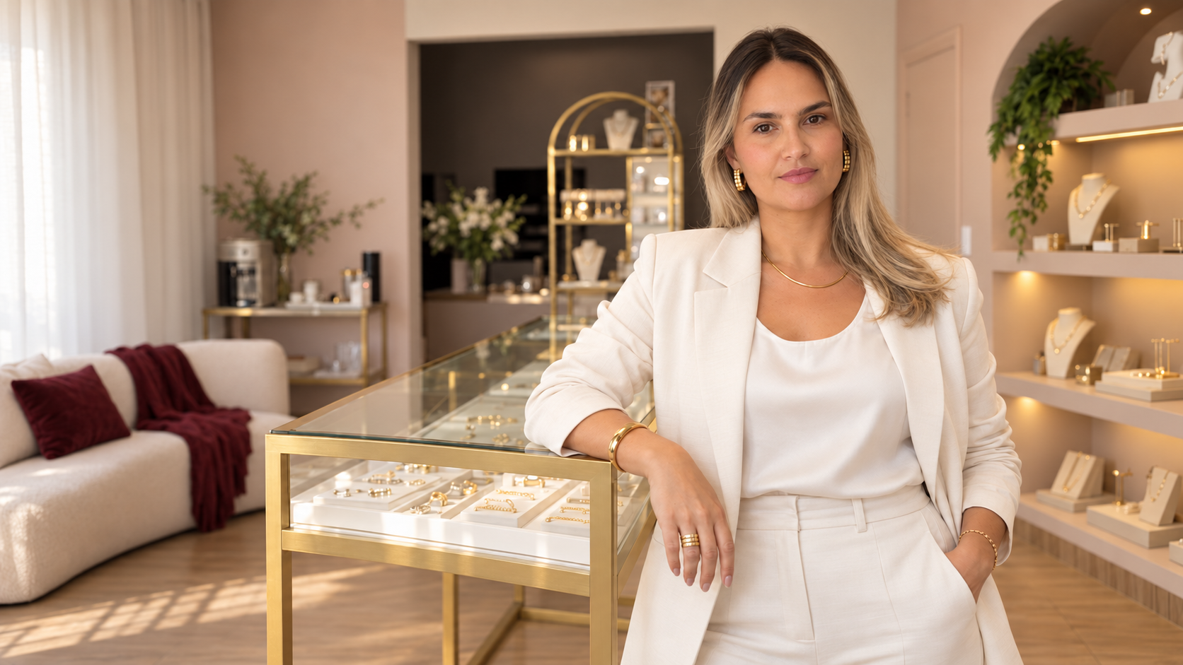 Michely, fundadora da CIMY, no showroom de semijoias
